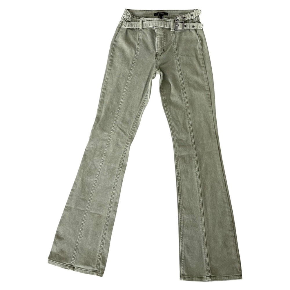 Forever 21 Sage Green Double Buckle Flare Jeans High Rise 25 Grunge Indie Sleaze